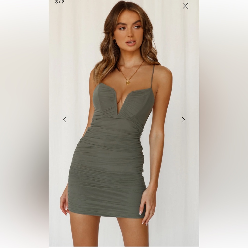 Hello Molly Olive Green Ruched Mini Dress